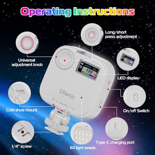 Image of ULANZI U60 RGB Video Lights White LED Camera Light 360 Full Color Portable Photography Lighting w Quick Release Cold Shoe Adapter and Clip, 2500mAh Rechargeable CRI 95+ 2500-9000K Dimmable Panel Lamp