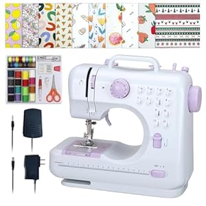 Sewing Machine for Beginners,Portable Sewing Machine with 12 Built-in Stitches,2 Speed(High-Low Speeds),2 Power Supply Method,20 Pcs Fabric and 32 Pcs Sewing Threads Kit,- (White and Purple)