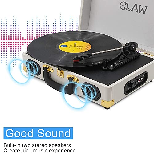 Image of Claw Stag Portable Vinyl Record Player Turntable with Built-in Stereo Speakers, Volume Control Knob, AUX Input and RCA Output, 78 RPM Speed, High Qualiy Diamond Stylus and Headphone Jack (White)