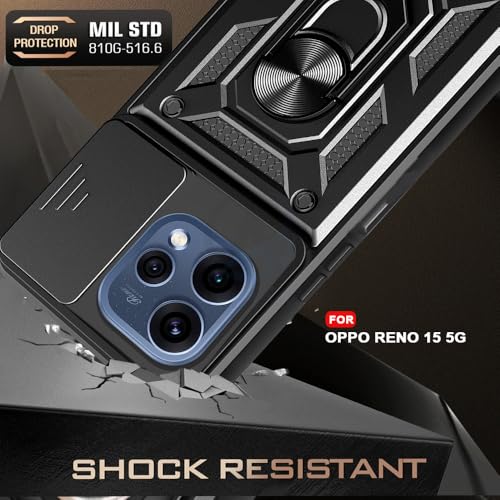 Image of AESTMO Tough Armor Oppo Reno 15 5G Bumper Back Case Cover | Ring Holder & Sliding Camera Shield Cover | 360 Degree Protection Back Case Cover for Oppo Reno 15 5G (Black)
