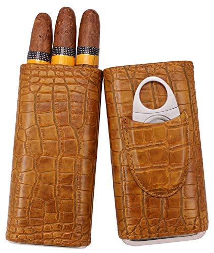 AMANCY 3- Finger Premium Vintage Brown Leather Travel Cigar Case with Cedar Wood Lined, Included Stainless Steel Cigar Cutter