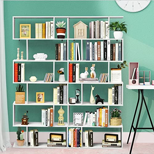 Function Home Geometric Bookcase, S Shaped Bookshelf, Modern Freestanding Multifunctional Decorative Storage Shelving Display Shelves, White Book Shelf Tall Narrow For Bedroom Living Room Office #TOP6