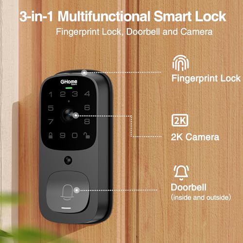 GHome Smart 3 in 1 Door Lock with Fingerprint WiFi Keyless Entry Smart Deadbolt, 2K HD Camera, 2.4GHz, App Remote Control, Smart Door Knob with Doorbell