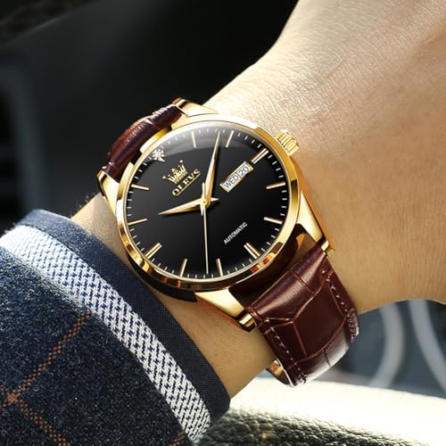 Image of OLEVS Mens Leather Watch Dress Casual Quartz Brown Wrist Watch Date