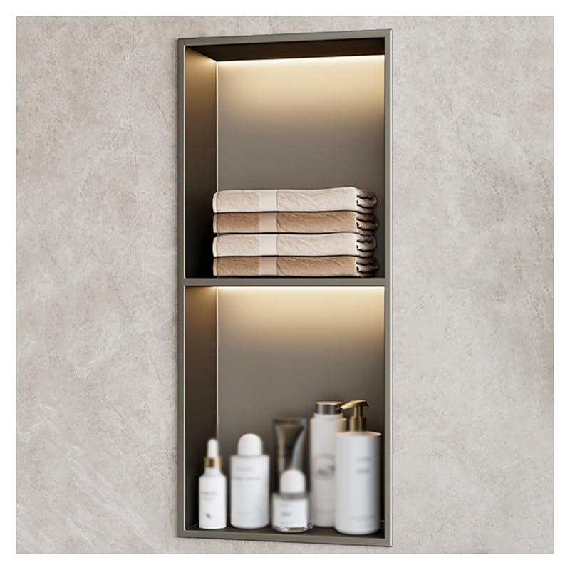 Douche encastrée en acier gris anti-infiltration avec étagère murale LED