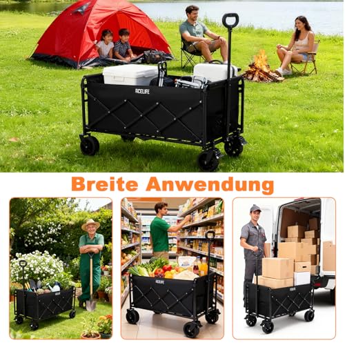Bollerwagen Faltbar, Handwagen faltbar 150L Tragkraft 150KG mit verstellbarem Griff, Offroad-Rädern für Camping Garten Outdoor 94x43x42cm