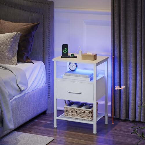 TRIFEBLE Night Stand Set 2, End Table with Charging Station, LED Bedside Table with Fabric Drawer for Bedroom, 3-Tier Side Table with Open Shelf, White by TRIFEBLE - Image 3