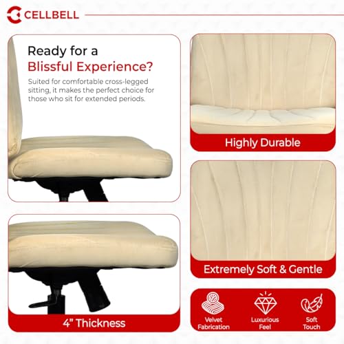 Image of CELLBELL Comfy Ergonomic Modern Accent Armchair Without Wheels in Soft Velvet Fabric for Home & Office Use | Cross Legged Back Support Chair with Adjustable Height, Recline & Metal Base (Beige)