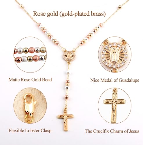 Women Rose Gold Plated Beads Catholic Rosary Chain Y Necklace with Gift Box3