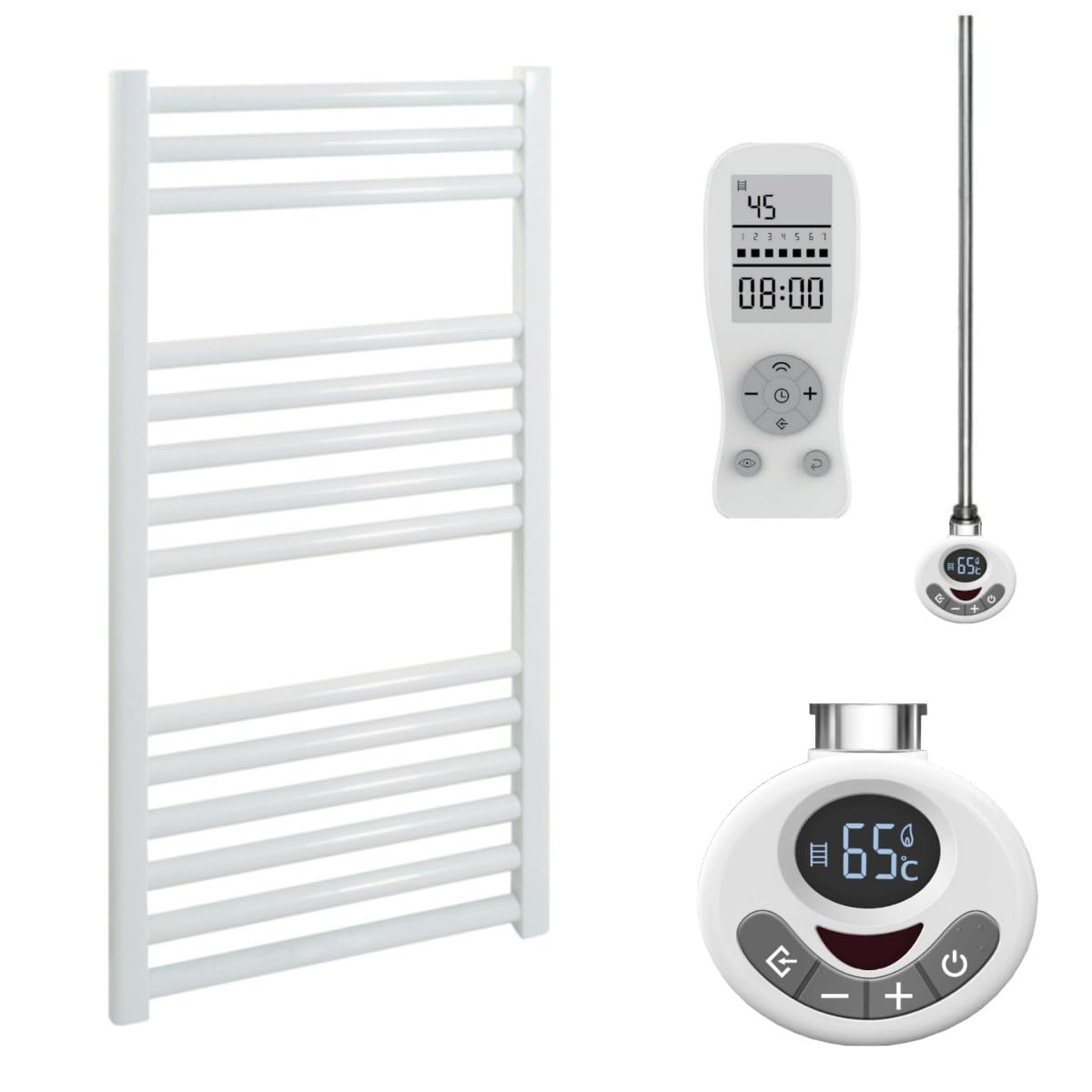 Sol*Aire Heating Products White Bray Straight Thermostatic Electric Heated Towel Rail/Warmer/Radiator, With Timer. Round Tube, 25Mm Bars, High Output. For Bathroom, Kitchen, 800 X 400
