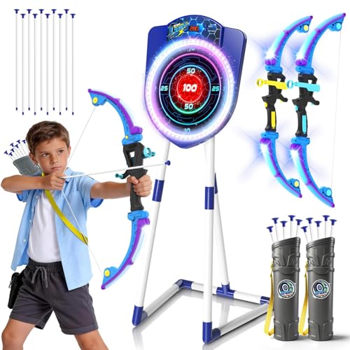 VATOS 2 Arcs et Flèches LED pour Enfants avec Comptage Automatique, Set de Tir à l’Arc Lumineux avec 10 Flèches, Cible LED, Jouet d’Intérieur et...