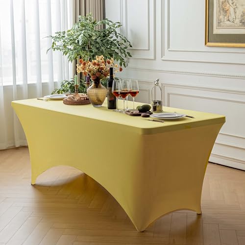 Image of FOLINS&HOME Yellow 6ft Fitted Water Resistant Tablecloth with Spandex | Washable Elastic Rectangle Table Cover for 6 Foot Folding Tables, Stretch Table Cloth for Weddings, Banquets, Parties