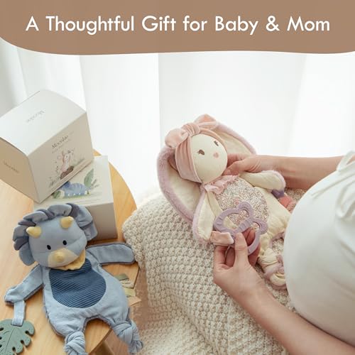 Moonkie Kuscheltier Baby, Hase Schnuffeltuch mit Silikon Beißring, Superweich Schmusetuch, Geschenke zur Geburt, Baby Spielzeug mit Strukturierten Bändern, Crinkle Ohren, Babygeschenke für Mädchen