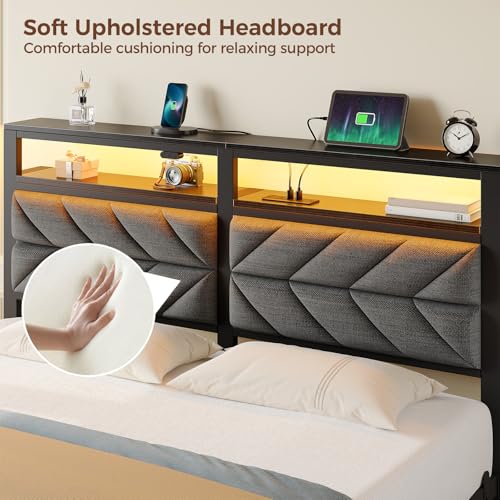 Image of Seventable Bed Frame Full Size with Charging Station, LED Bed with Upholstered Storage Headboard, Metal Platform Bed with Under Bed Storage, No Box Spring Needed, Noise Free, Easy Assembly, Grey