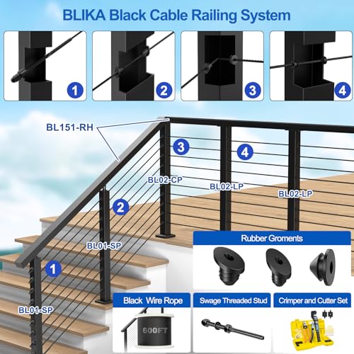 Image of BLIKA 36 inch Level Drilled Cable Railing Post(Post 35 inchx2 inchx2 inch), Flat Top Surface Mount Deck Post, Stainless Steel Black Powder Coated Finish Cable Handrail Post for Deck Railing, BL02-LP