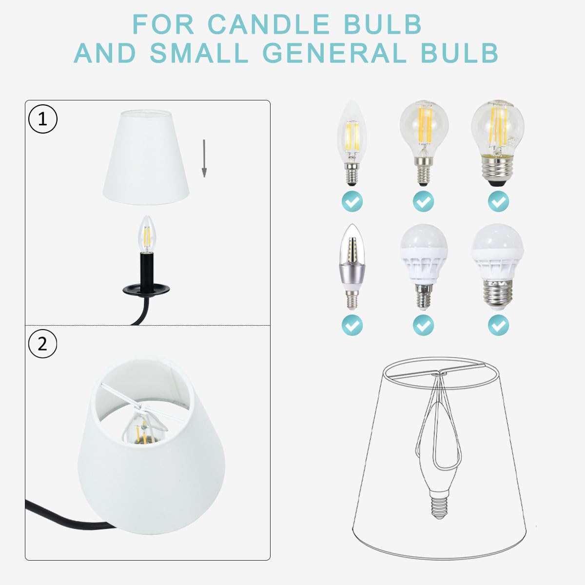 VELLA Lot de 6 petits abat-jours à clipser pour lustre blanc cassé, petit abat-jour à clipser, 14 x 8 x 14 cm (L x H), pour ampoules bougies et petites ampoules générales