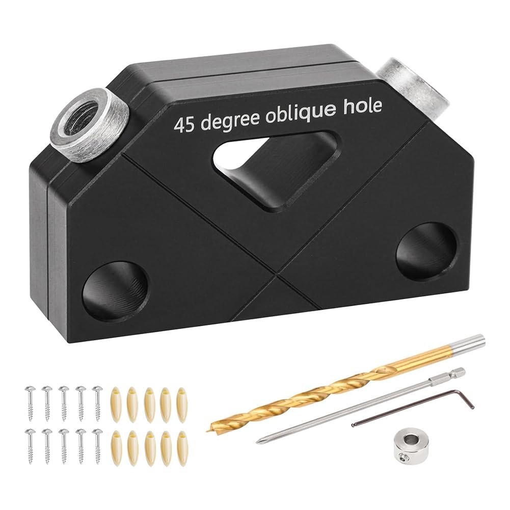 Qezodsx Dowel Jig for Angled Dowel Joints, Dowel Jig Kit with Drill Bit,Hex Key, Stop Ring, Plastic Pocket Hole Plug and Screws Dowel Jig Dowel Jig Kit 1Set