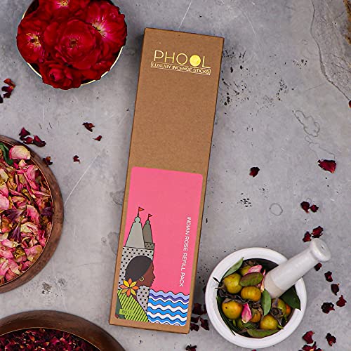 Image of Phool Luxury Incense Indian Rose Refill Pack - 80 Organic Charcoal & Sulphur-Free Agarbatti (200g), Long Lasting Floral Fragrance, Pooja, Meditation & Aromatherapy