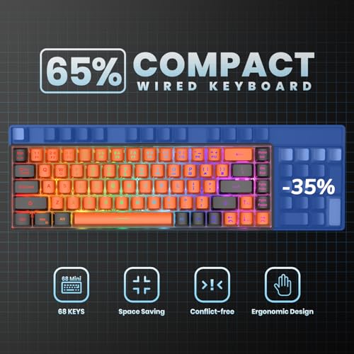 Image of GEODMAER 65% Gaming Keyboard, LED Backlit Mini Wired Keyboard, Ultra-Compact Anti-Ghosting No-Conflict 68 Keys Membrane Gaming Wired Keyboard for PC Laptop Windows Gamer(Orange-Black)