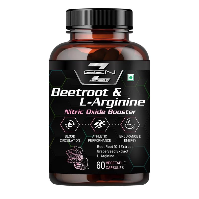 Product image of Beetroot and L-Arginine Capsules, Helps Support Nitric Oxide Production, Blood Pressure, Heart Health, Contains Non-GMO Beetroot Powder, Grape Seed Extract (60 Caps, Pack of 1)