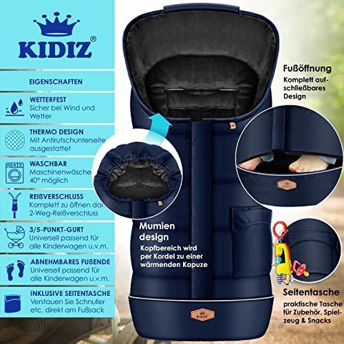 KIDIZ® Babyfußsack Baby Fußsack Winterfußsack Babyschale mit Reißverschluss Kuschelsack Babydecke Kinderwagen waschbar Tasche passend für alle Kinderwagen Bett Wärmedecke aus Thermo-Fleece Navyblau