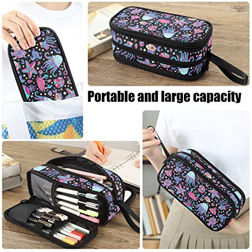 Image of Fustylead Starfish Jellyfish Turtle Fish Pen Pencil Case Makeup Pouch Big Capacity Multi-Purpose Travel Bag Office Organizer with Zipper