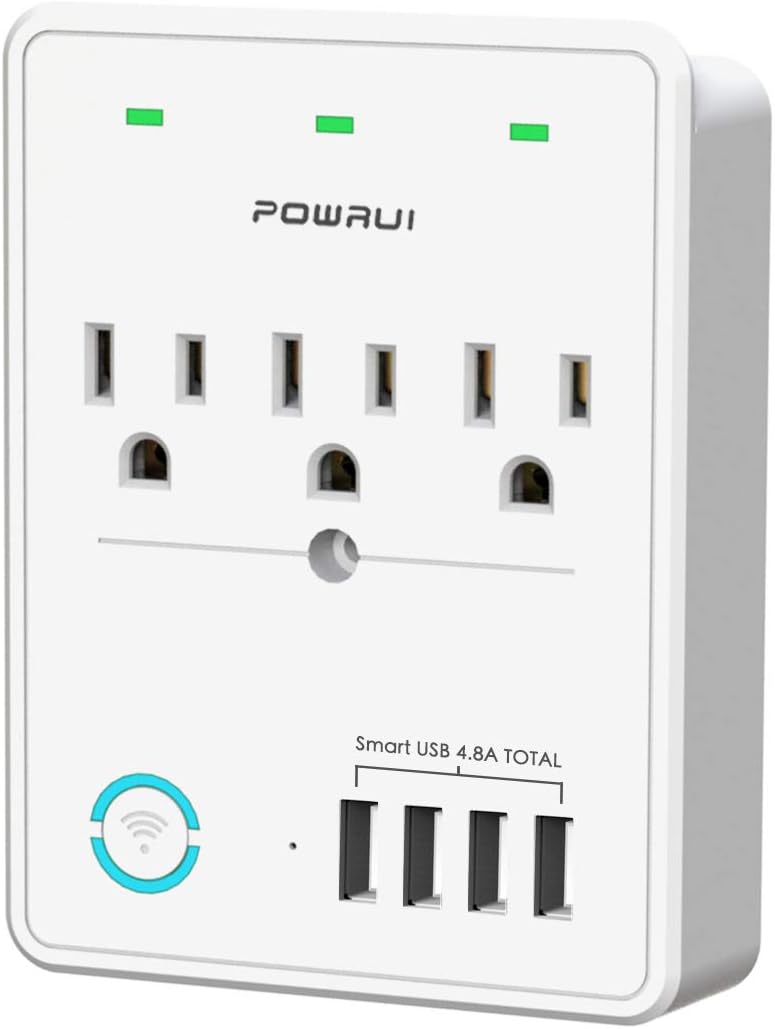 Smart Plug（2.4G Only）, USB Wall Charger, POWRUI WiFi Surge Protector with 4 USB Charging Ports(4.8A 24W Total) and 3 Smart Outlet Extender, Compatible with Alexa Google Assistant for Voice Control