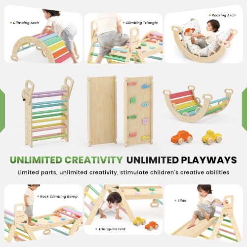 Image of BlueWood Pikler Triangle Set with Cushion, Wooden Climbing Toys for Toddler | Foldable 9-in-1 Montessori Philosophy Toddler Climbing Toys Indoor with Reversible Ramp, Arch and Ladder - Colorful