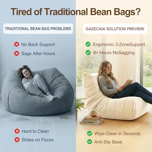 Image of Gazecaia Comfy Bean Bag Chair for Adults Teens | Fireside Floor Lounge Chair, Soft Suede High-Resilience Memory Foam Bean Bag Couch with Non-Slip Base, for Living Room Bedroom Apartment Office, White