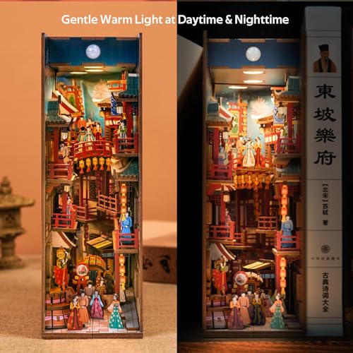 Image of Tonecheer DIY Book Nook Kit for Adults, 3D Wooden Puzzle Bookend Bookshelf Insert Decor, Chinese Booknook Miniature House Kit with Body Motion Sensor LED Light (The Banquet of Tang Dynasty)