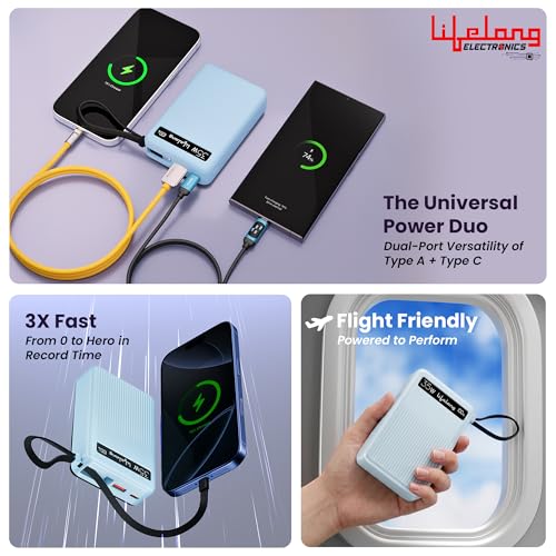 Image of Lifelong Electronics 20000mAH 35W Fast Charging Small Pocket Size Power Bank | Built-in 35W (1.5X Faster) Type-C Cable & Port | Flight Friendly | USB-A (30 W) Output Powerbank for iPhone, Android, Mac