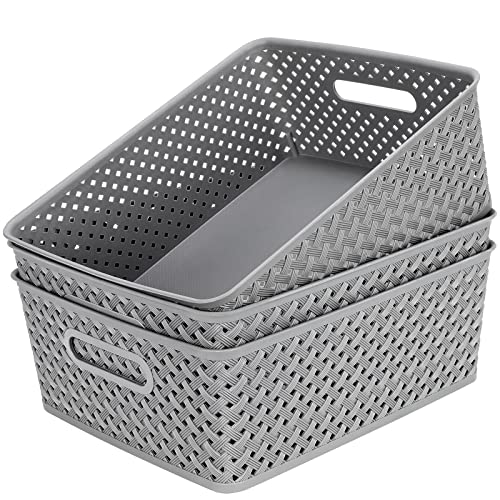 MaxGear Organization and Storage 3 Packs, Plastic Bins Organizer Bins, Woven Baskets for Storage, Plastic Baskets with Handles, Grey Basket for Organizing, Basket Organizer for Home and Office, Large