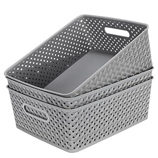 MaxGear Organization and Storage 3 Packs, Plastic Bins Organizer Bins, Woven Baskets for Storage, Plastic Baskets with Handles, Grey Basket for Organizing, Basket Organizer for Home and Office, Large