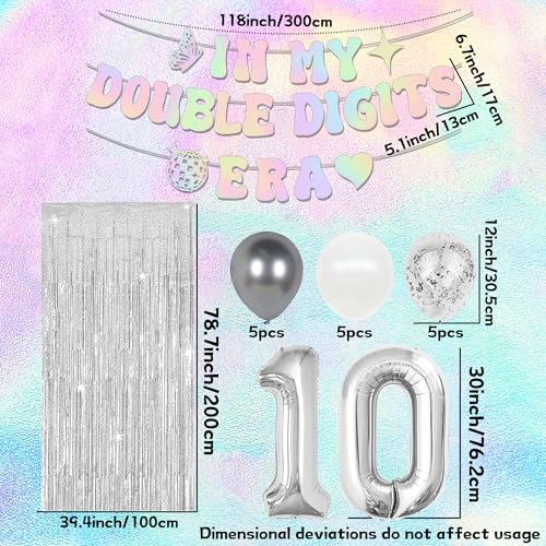 Image of 10th Birthday Decorations In My Double Digits Era Banner Double Digits Birthday Happy 10th Birthday Decorations for Silver Number 10 Balloon Girls Boys Double Digits Party Supplies