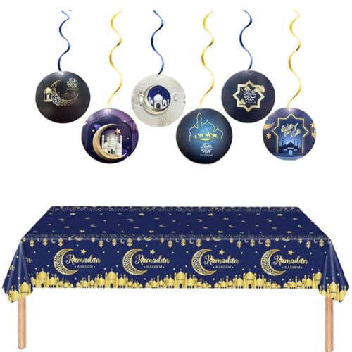7PCS Eid Ramadan Decoration Eid Mubarak party decorations Ramadan Spiral Pendant Eid Mubarak Tablecloths Table Décor for Home Islam Muslim Holiday Eid Party Supplies