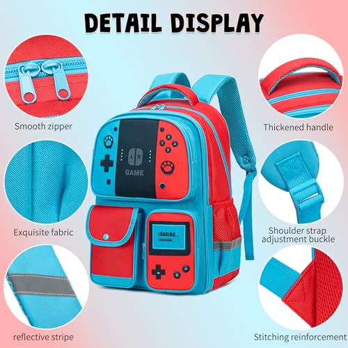 Backpack for Boys Bookbag Video Game Bookbag stylish kids travel backpack for boys 6-18, Kids Junior High School Primary School Back pack (Red-blue)3