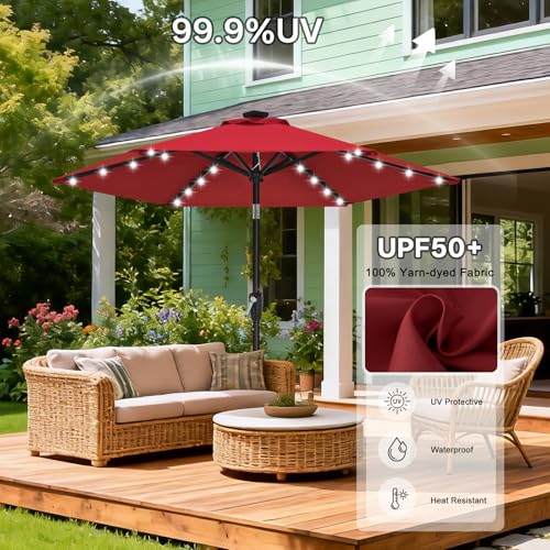 Image of ABCCANOPY Durable Solar Led Patio Umbrellas with 24LED Lights 7.5FT with 6 Sturdy Ribs (Burgundy)