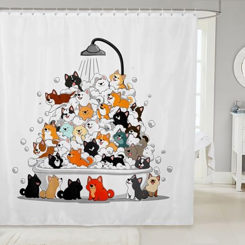 Image of Feelyou Cute Dogs Shower Curtains Lovely Funny Hilarious Bathroom Curtain for Kids Women Men Cartoon Animals Bathroom Accessories Waterproof Polyester Fabric for Stalls Bathtubs 72 inchx78 inch