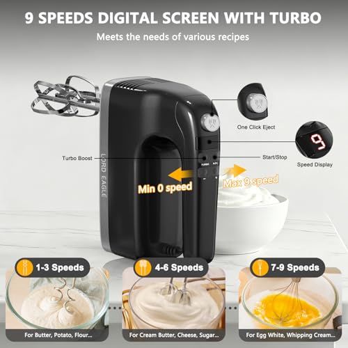 Image of Lord Eagle 9-Speed Digital Hand Mixer Electric Handheld, 500W DC Motor Kitchen Mixer for Cake Baking, Lightweight Egg Beaters with Stain-resistant & Waterproof Storage Bag & 6 Accessories, Black