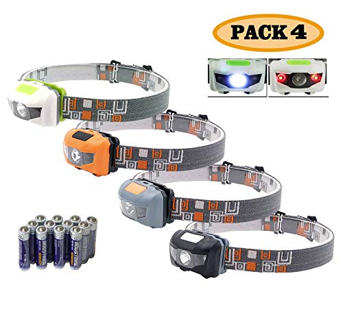 Pack 4.SUNYANG Waterproof White+Red Light Headlamp,4 Brightness Level Choice,160 Lumens,50g Weight,Comfortable Head Headlamp