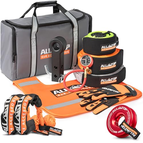 ALL-TOP Recovery Pack Pro 11in1: Water-Resist Offroad Gear Bag with Recovery Strap Kit(3), Damper, 2 Soft Shackles, SS Hitch Mount, Recovery Ring, Deflator & Gloves