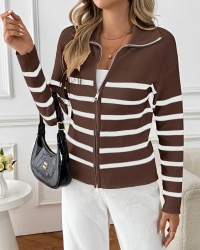 Bsubseach Striped Cropped Cardigan Sweater for Women Zip Up Lightweight Jacket Trendy Fall Outfits Spring Clothes Sweatshirts3
