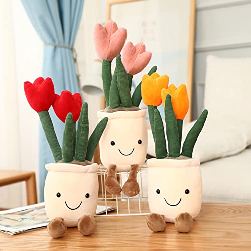 Image of Quioee 3pcs Tulip Plush Toy, Stuffed Flower Pot Throw Plushie Doll, Soft Plush Toys Indoor Decoration Festival Gifts (Tulip-Red+ Orange+ Pink)