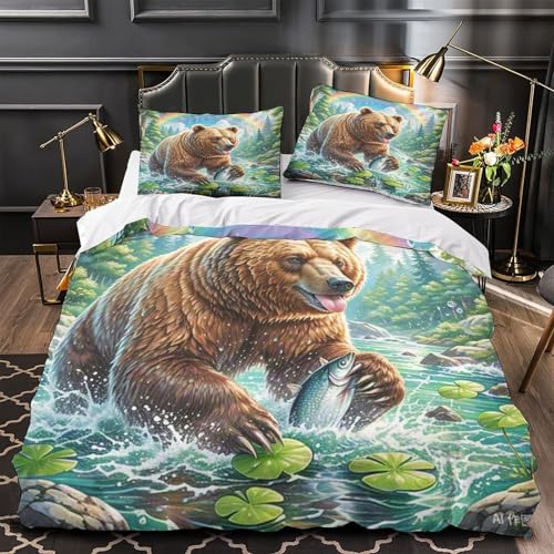 Housse de couette ours brun 3D avec fermeture éclair cachée lit simple
