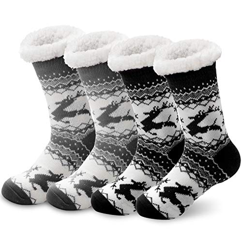 SEVENS 2 Pairs Women Fleece Lined Socks Cozy Fuzzy Winter Slipper Socks with Grippers Black&Grey