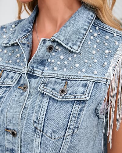 Women's Pearls Beading Denim Vest Sleeveless Sequin Fringe Jean Vest Western Cowgirl Outfit Tops2