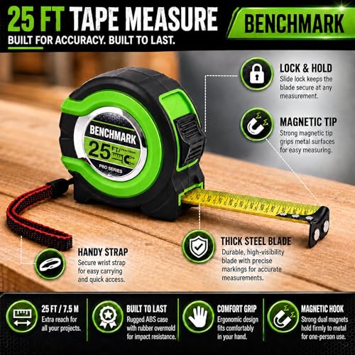 3 Pack - Tape Measures 25 ft - Easy to Read Fractions to 1/8th inch - Magnetic Tip - Thumb and Quick Lock - Autowind - Belt Clip - Green - Measuring Tape Retractable - Image 3