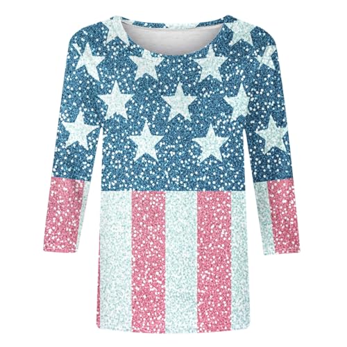 Image of Fourth of July Shirts for Women 3 /4 Sleeve Summer Tops American Flag Print T Shirt Patriotic 4th of July Shirts 2025