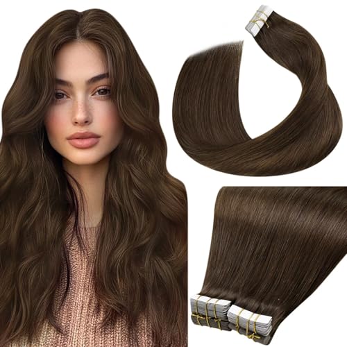 Image of LaaVoo Tape in Hair Extensions Medium Brown Tape in Human Hair Extensions Seamless Hair Extension Tape on Long Hair 24inch 40pcs 100g