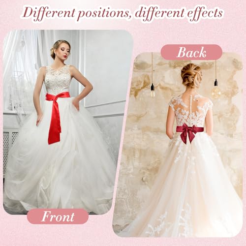 Red Bow Belt for Women, 2PCS Wedding Satin Sash Belt Self Tie Ribbon Bow Tie for Dress, Weddings, Parties, 3.74'' Wide Folding Bowties Accessory, Double-Sided Polyester (Red, Wine Red)4